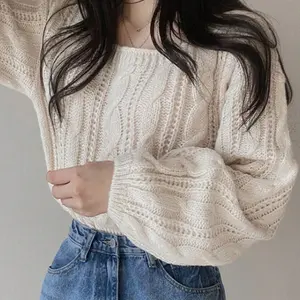 Women's Pullover Square Neck Lantern Sleeve Knitted Casual Sweater Cable-knit Square Neck Solid Color Cropped Top