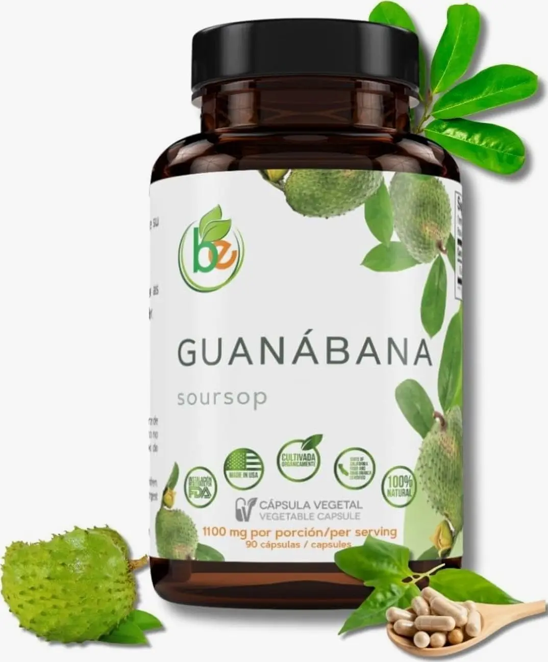 Guanabana (Soursop) 90 Capsules 1100 mg per Serving Powerful Blend of 100% Natural Premium Ingredients, Vegetable, Cultivada Organicamente |Organically Grown