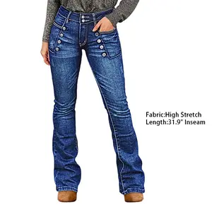 Flamingals Wash Sailor Button Patch Pocket Mid Rise Bootcut Jeans Comfortable Casual Wear