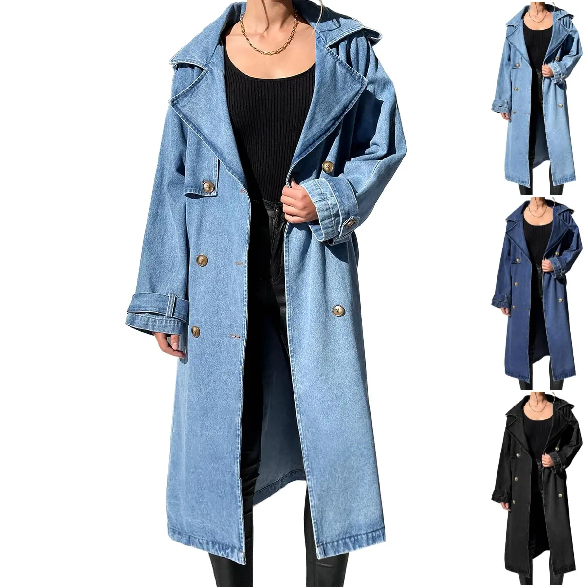 Goranbon Women's Long Double Breasted Denim Jacket Oversized Button Down Maxi Jean Coat Classic Lapel Outercoat