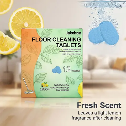 Household Floor Cleaner Tablets, 12-Pack Lemon Scented Multipurpose Hard Floor Cleaners - Nonscratch, Antibacterial, Freshening, Safe for Wood Tile Marble, Quick Dry, No Residue, Multipurpose Floor Cleaners