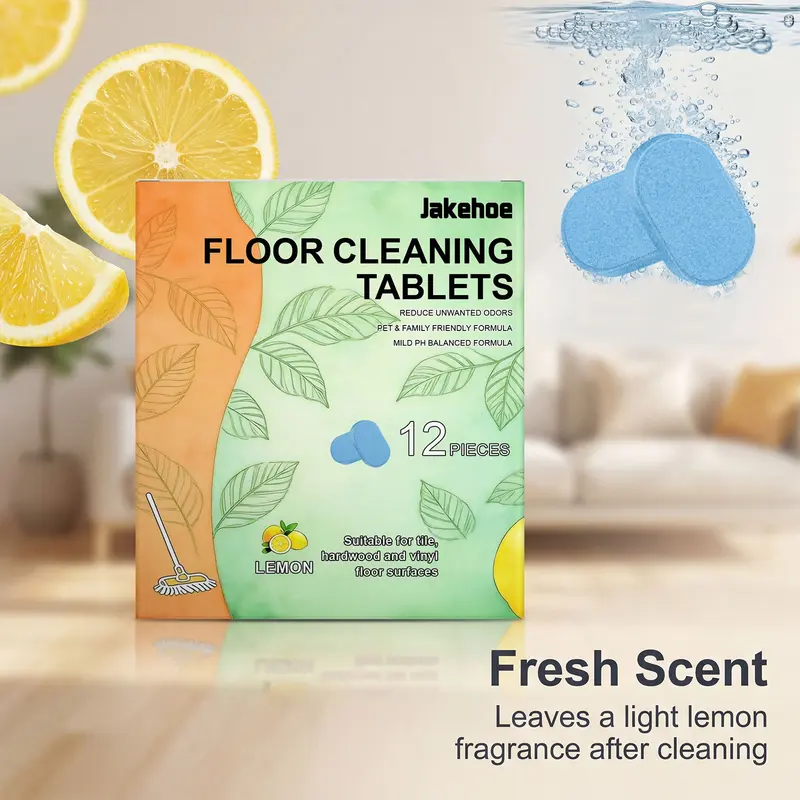 Household Floor Cleaner Tablets, 12-Pack Lemon Scented Multipurpose Hard Floor Cleaners - Nonscratch, Antibacterial, Freshening, Safe for Wood Tile Marble, Quick Dry, No Residue, Multipurpose Floor Cleaners