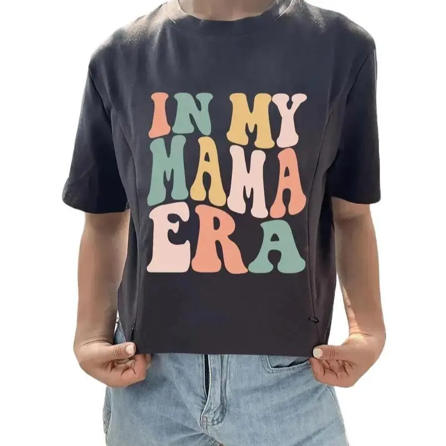 GIFTIFYMAMA Women's Casual 'In My Mama Era' Cotton Nursing Tee, Short-Sleeve Maternity Top with Hidden Zippers for Breastfeeding, Shortsleeve