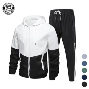 Unisex color-block hooded sports set, zip-up windproof jacket + drawstring jogger pants, casual two-piece activewear set