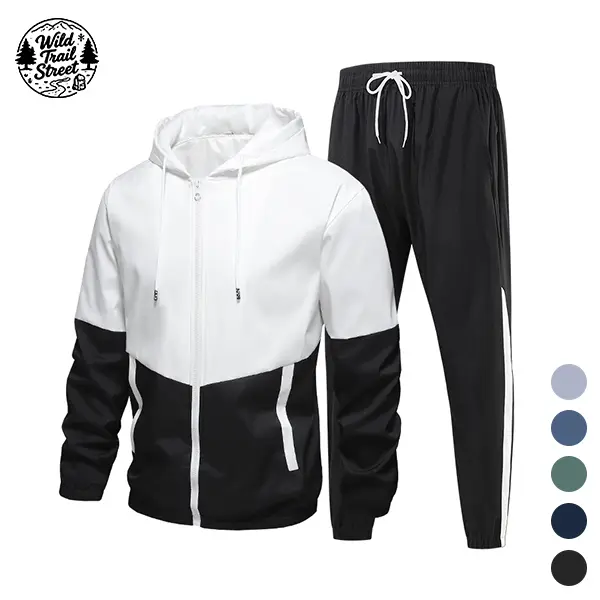 Unisex 2-Piece Color-Block Hooded Sporty Tracksuit - Zip-Up Windproof Long-Sleeve Jacket + Drawstring Jogger Pants, 2-Tone Sweatsuits, Fitted Workout Exercise Clothing Sets