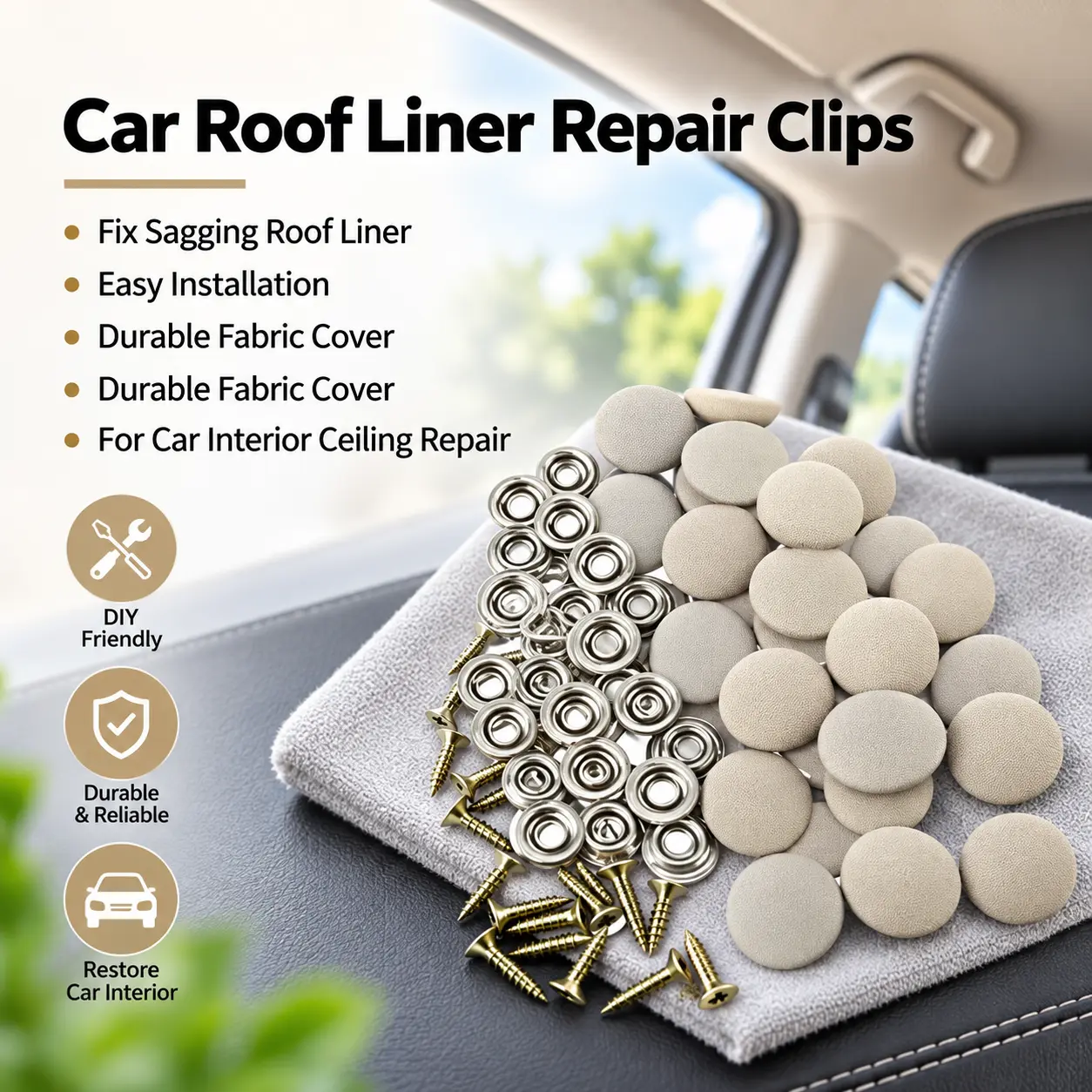 50-Pack Car Roof Headliner Repair Buttons, Fabric-Covered Retainer Screws, Auto Ceiling Liner Fixing Snap Fastener Clips for Vehicle Interior Repairs