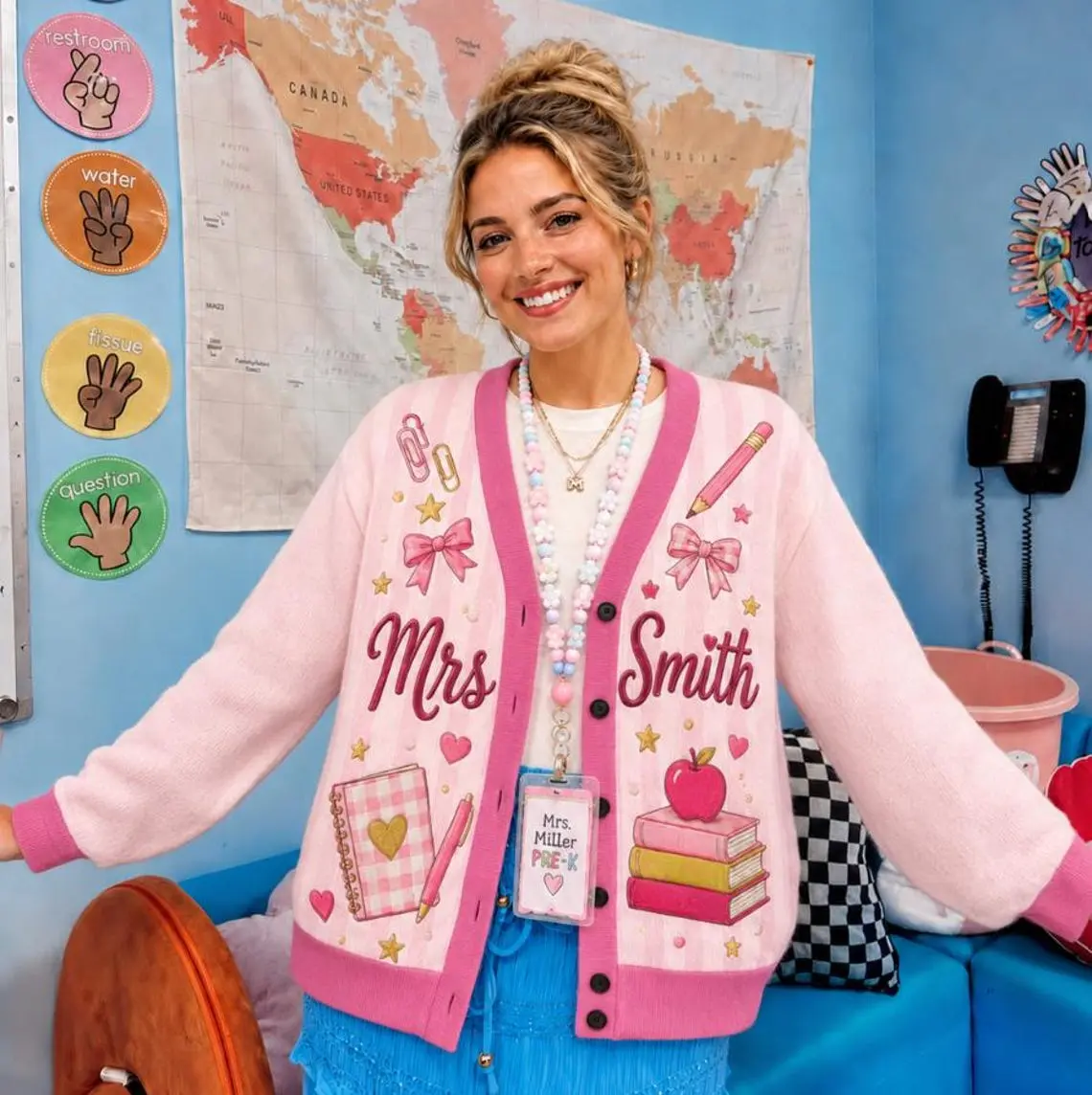 Personalized Teacher Name Cardigan, Custom Mrs Name Sweater, Teacher Appreciation Gift, School Supplies Print Cardigan