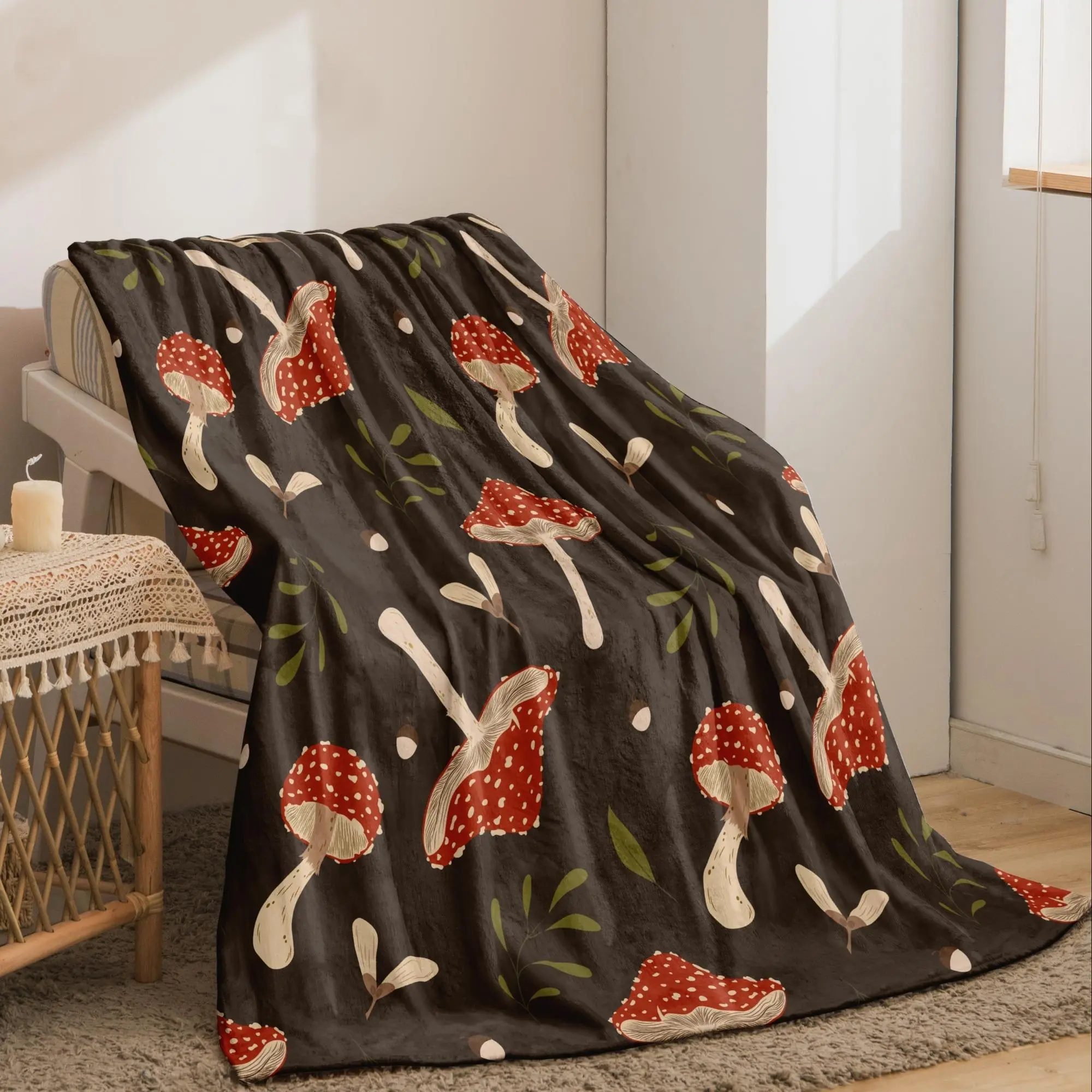 Mushroom Print Flannel Blanket with Storage Bag, Soft & Cozy Throw Blanket for Sofa Bed Couch Office Outdoor Camping Travel, All Season Blanket, Breathable Comfortable Blanket, Comfy Bedding for Christmas Decor, Christmas Gifts, Christmas Decorations