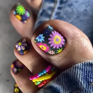 24pcs/set short square teo nails Colorful Flower summer fake nail tips glitter rhinestones floral press on false nail art kit