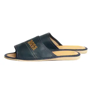 Dark Blue Open Toe Leather Slippers | K-229