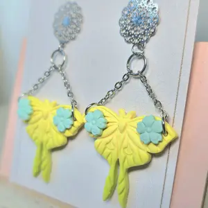 Handmade Polymer Clay Yellow and Green Moth Butterfly Dangle Earrings with Floral Accents and Chain