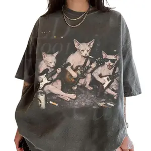 Sphynx Cat Rock Band Vintage Comfort Colors, Vintage Cat Lover Shirt, Retro Funny Guitar Hairless Cat Graphic Tee, Kitten Band Shirt, Crew Neck, Menswear Top, Womenswear Top Underwear Streetwear
