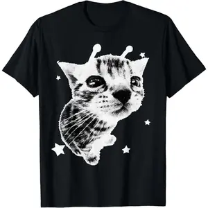 Y2K Alien Cat Meme Retro Silly Cat Vintage Kitty Funny Shirt T-Shirt Pure Cotton Graphic Tees Menswear Top: Gifts for Men & Women