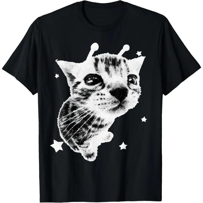 Y2K Alien Cat Meme Retro Silly Cat Vintage Kitty Funny Shirt T-Shirt Pure Cotton Graphic Tees Menswear Top: Gifts for Men & Women
