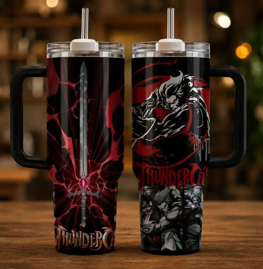 Retro ThunderCats Stainless Steel Vacuum Insulated Flasks - 20oz Skinny & 40oz Handle Tumblers with Gift Box & Straw, Red Black Warrior Cat Print, Double Wall Portable Hot/Cold Coffee Mug, Classic Cartoon Fan Gifting Item