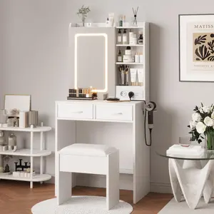 Garvee White Makeup Vanity with Mirror and Lights, Includes Changing Table Set with Charging Station, Stool, 2 Drawers, Open Shelves, Power Outlets, and USB Ports for Convenient Use