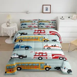 Fire Truck Comforter Set,Police Car Down Comforter,School Bus Bedding Set for Kids Boys Teens,Equipped Truck Cartoon Vehicle Quilt Duvet Insert