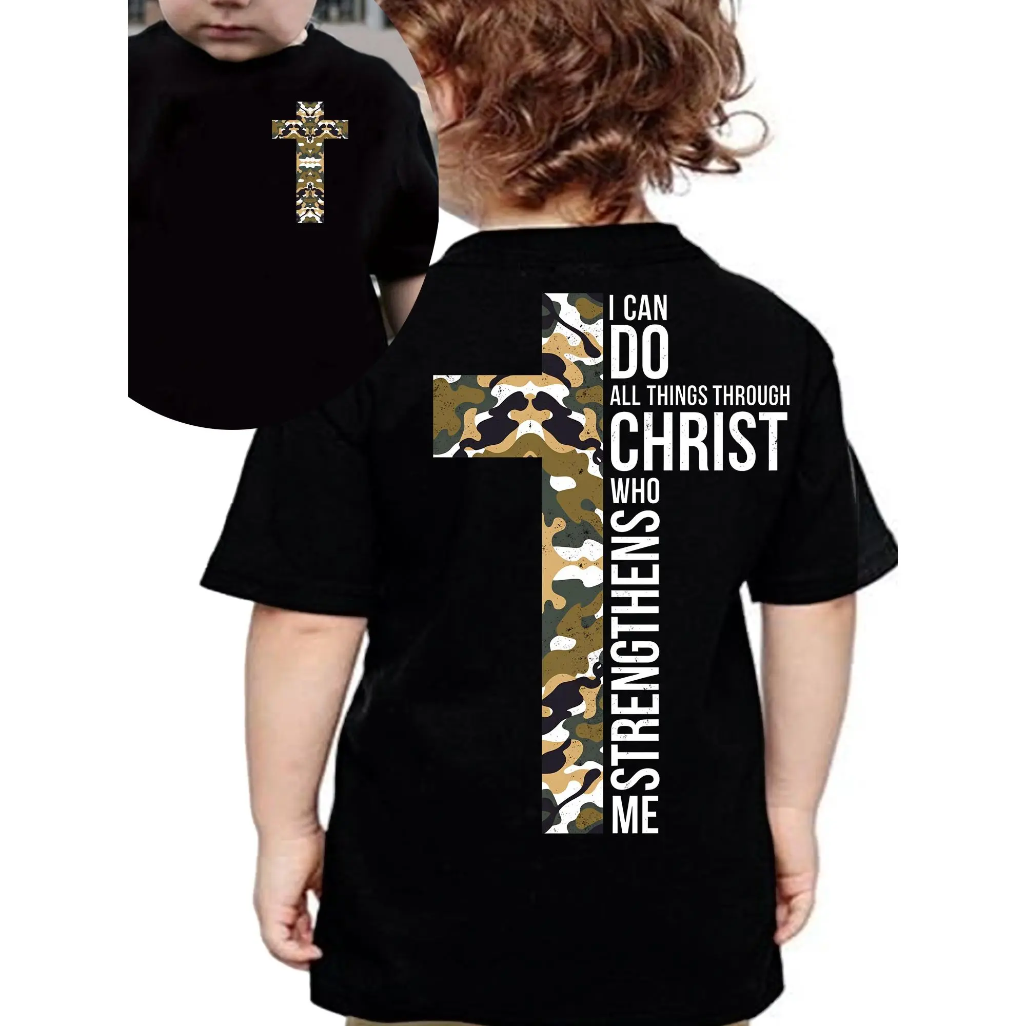 Double-Sided Print Boys' T-shirts I Can Do All Things Through Christ Who Strengthens Me Cross Camouflage Print 100% Cotton Round Neck Short Sleeve T-shirt for All Seasons machine washable Funny Graphic Tees