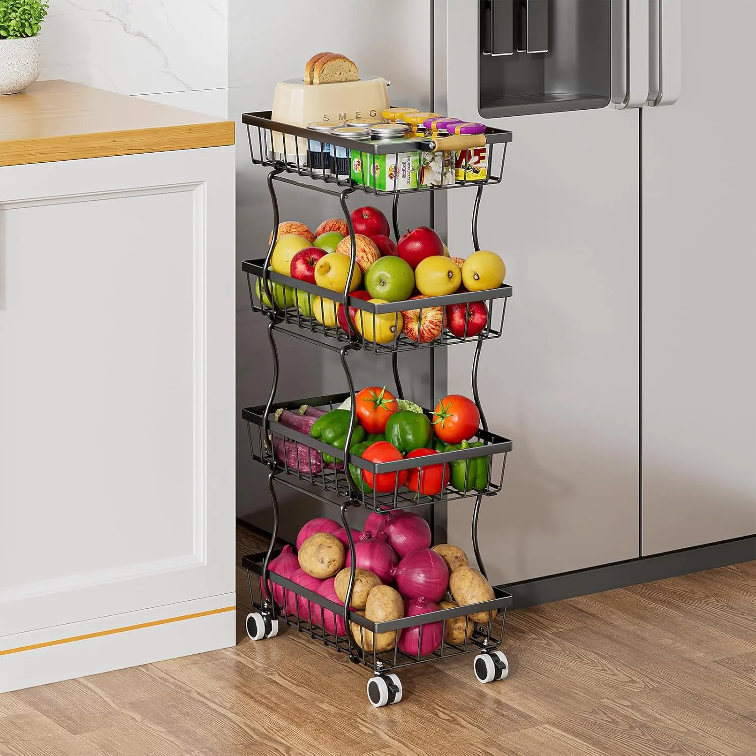 4-Tier Steel Wire Mesh Metal Kitchen Storage Rack, Rolling Pantry Organizer Cart with Wheels, Stackable Basket Stand for Vegetables, Fruits, Onions