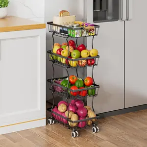 4-Tier Vegetable Fruit Basket for, Rolling Pantry Organizer and Cart with Wheels, Stackable Wire Product Basket Stand Onion Bins Snack Rack for Pantry