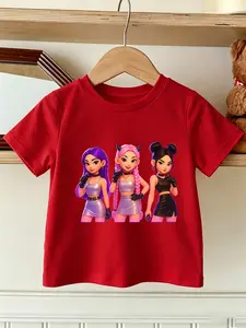 Summer Fashion Girls' T-Shirt, Kpop Cartoon Print, Slim-Fit Round Neck, Casual Short Sleeve, Comfortable for Outdoor Activities, Ages 12 and Under