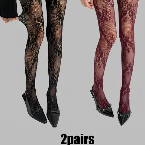Women's High-Stretch Fishnet Floral Stockings Tights in Wine Color, Perfect for Daily and Everyday Wear in Spring, Fall and Autumn, Comfortable Design Fit, Womenswear