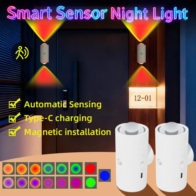 Smart Motion Sensor RGB Gradient Night Light, USB-C Rechargeable Magnetic Dimmable Wall Step Lamp, Plug-Free Ambient Lighting for Bedroom, Bathroom, Hallway, Stairs, Closet & Home Decor