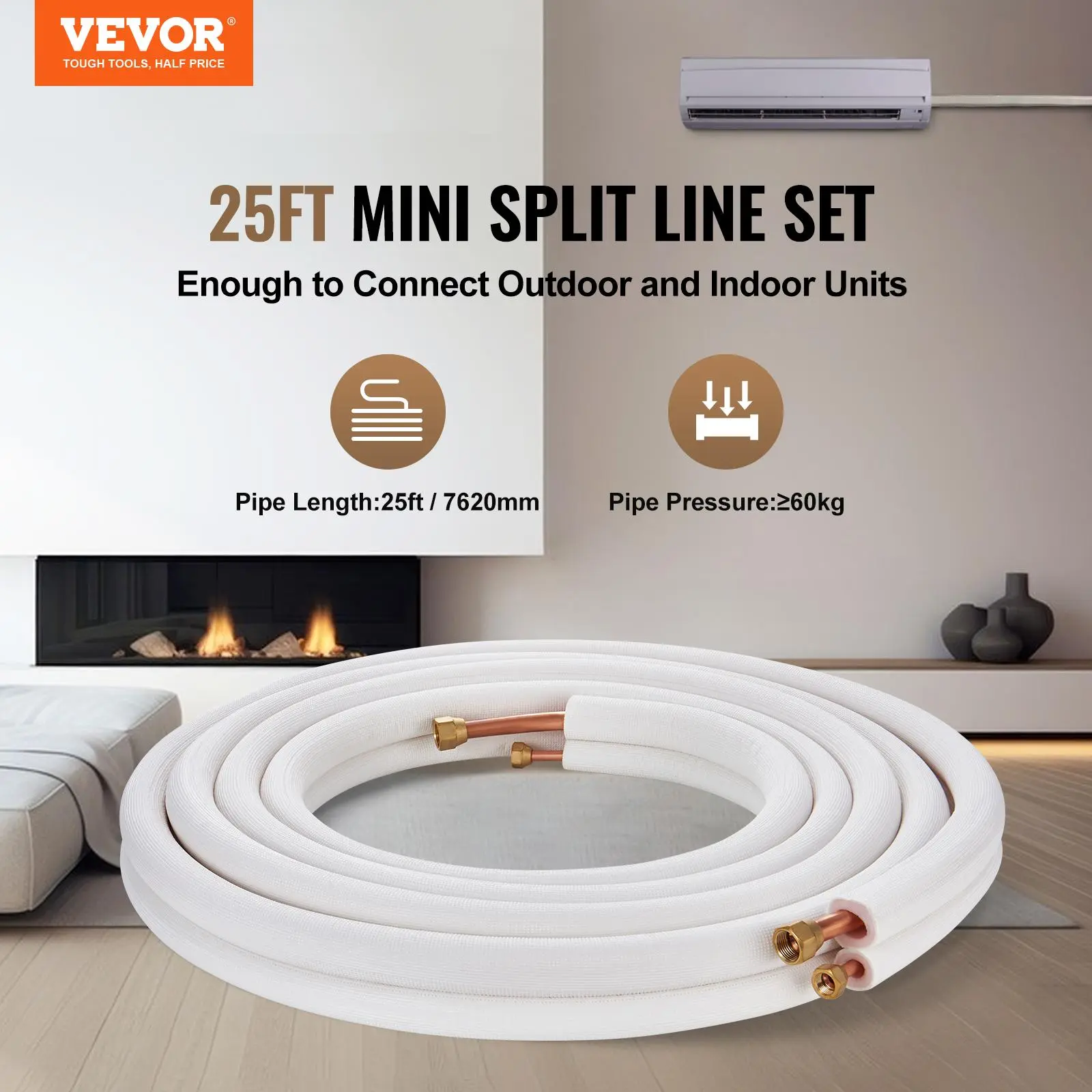 VEVOR 25FT Mini Split Line Set, ASTM 1/4" High-Pressure & 3/8" Low-Pressure Dual Copper Pipes, Triple-Layer Insulation, Easy Install for AC Refrigerant/HVAC Heating Pumps w/ 2 Tie Wraps