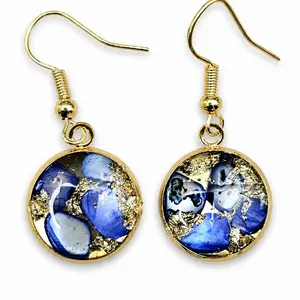 Elegant Blue Agate Dangle Earrings with Gold Tone Settings and Delicate Design