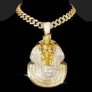 MaxBling81 Hip Hop King Tut Pharaoh Cubic Zirconia Pendant, 13mm, 20" Iced Cuban Chain, 14k Gold Plated Necklaces, Chains