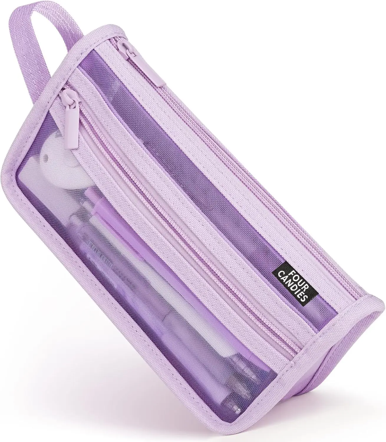 4-Candies Grid Mesh Pencil Case with Handle & Zipper, Double-Layer Transparent Organizer Bag, Multi-Use Stationery Pouch for College Students, Travel Makeup Pouch