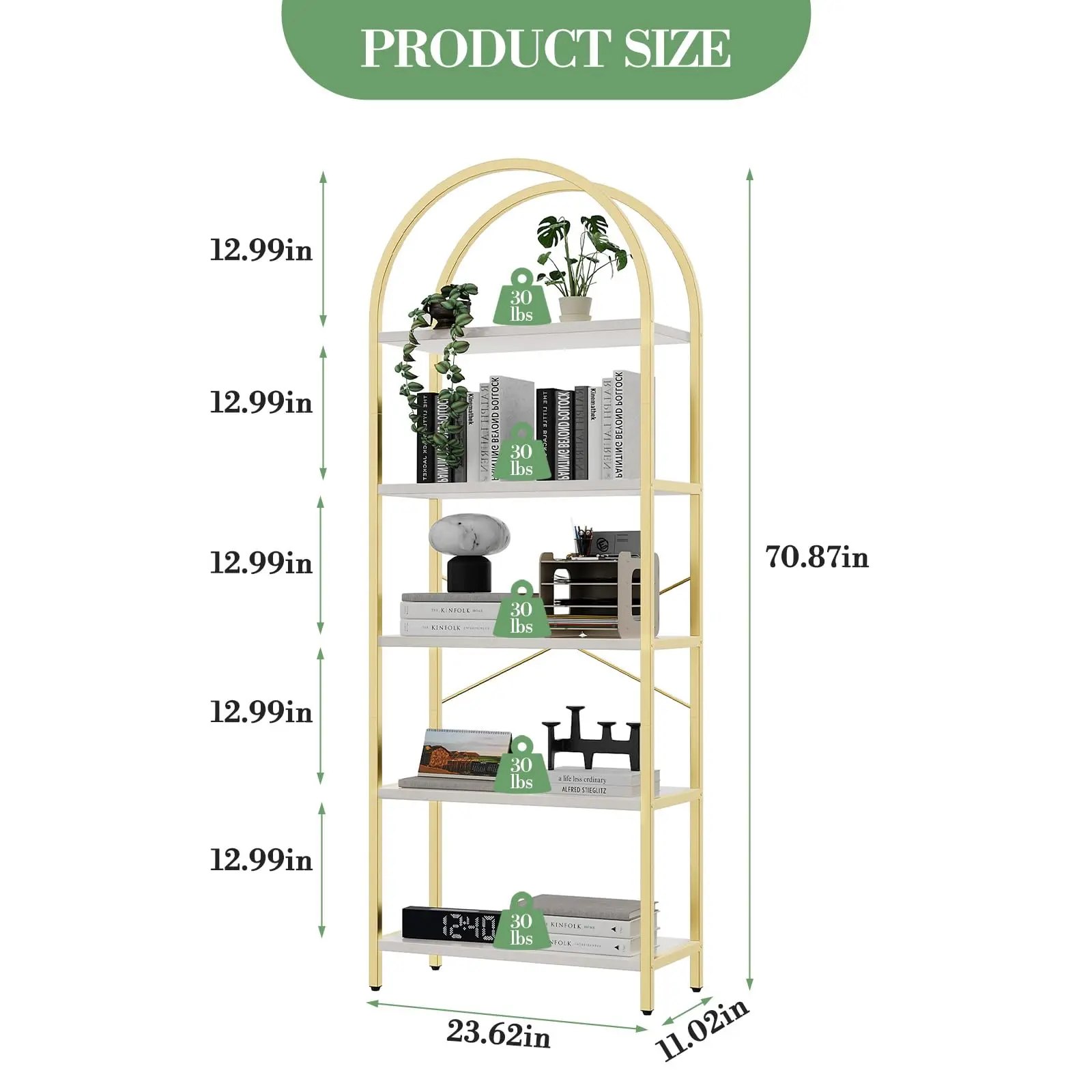 Garvee Tall Arched 5-Tier Bookshelf with Modern Metal Frame, Gold Finish, Ideal for Bedroom, Living Room, or Home Office Storage and Display