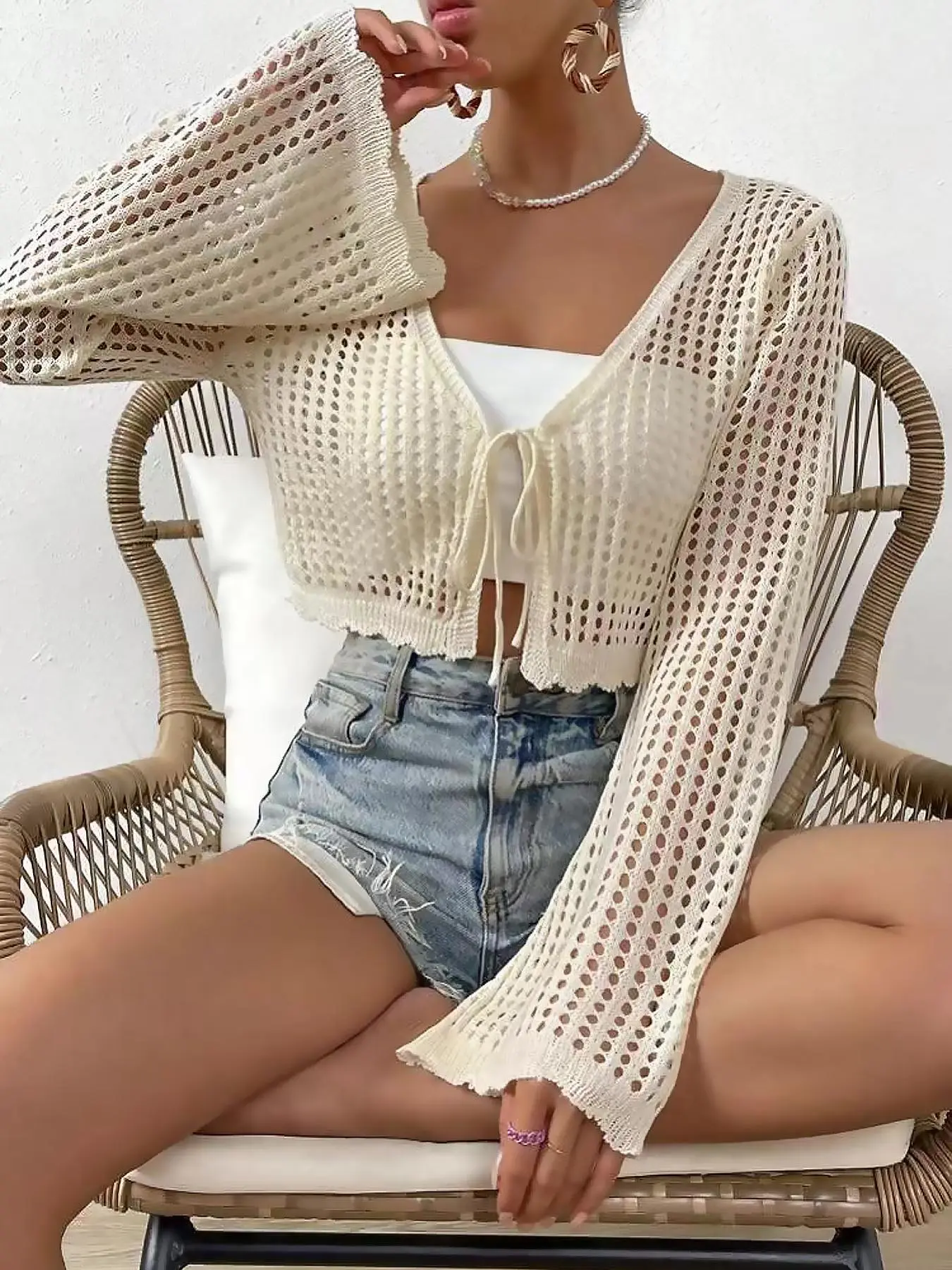 [Plus Size] Solid Hollow Out Tie Front Adjustable Flounce Sleeve Crop Cardigan, Casual Fit Long Sleeve V Neck Knitwear for Summer, Women's Plus Clothing Tops for Daily Wear, Womenswear