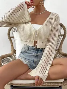 【Plus Size】 Solid Hollow Out Tie Front Flounce Sleeve Crop Cardigan, Casual Long Sleeve V Neck Knitwear for Summer, Women's Plus Clothing for Daily Wear
