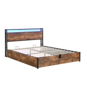 Lift-up Storage Bed Frame, Queen Size Bed Frame with Bookcase Headboard, LED Lights, Wooden Platform Bed Frame with Charging Station, Rustic Brown,King Platform Bed,Full Size Bed Frame,Queen Bedroomset,King Size Bed Frame,Twin Bed Frames