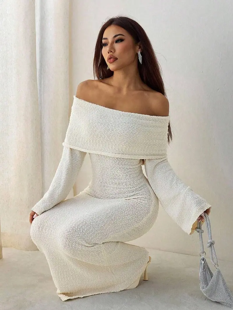 Elegant Off-Shoulder White Knit  for Fall Winter Christmas  Cocktail Party Formal Gown Women's Slim Fit Long Sleeve  with Flare Sleeves and Pencil Hem prom dress wedding guest girly feminine outfits