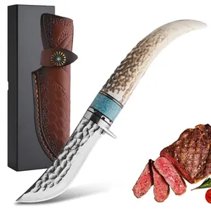 High-end handcrafted fixed blade knife, antler material handle and leather sheath, convenient to carry, quick cutting, outdoor camping, multi-functional knife holiday gift.