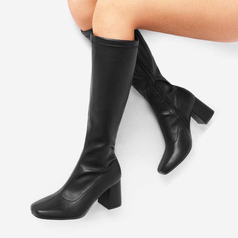 Dream Pairs Women's Fashion Stylish Desire Square Toe Chunky Knee High Gogo Boots High Chunky Block Heel Stretchable PU Upper for Easy Wear Classic Boots Winter Fall Winter