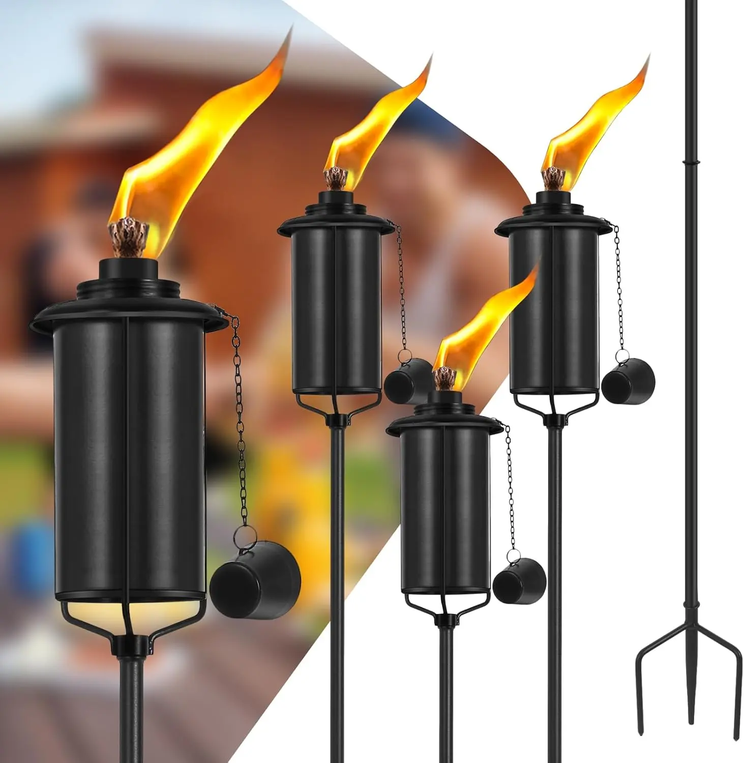 Home Garden Torch Set of 4, 16oz Outdoor Metal Torch Garden Décor, 59-Inch Upgraded Citronella Torches with 3-Prong Grounded Stake, Metal Light Torches for Party Patio Pathway