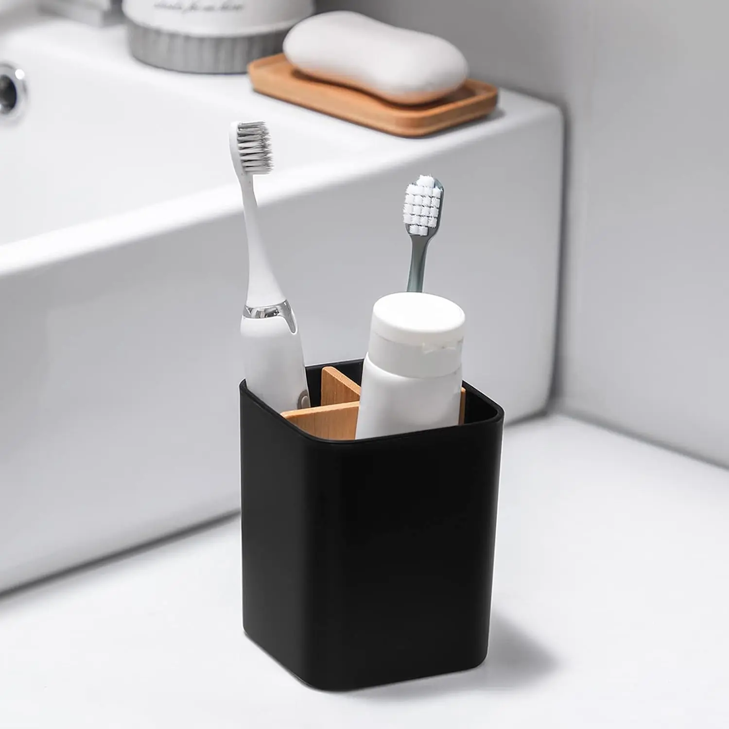 Bamboo Toothbrush Holder for Bathrooms, 3 Slots Toothbrush and Toothpaste Holder Bathroom Counter Organizer for Electric Toothbrushes, Floss, Razors