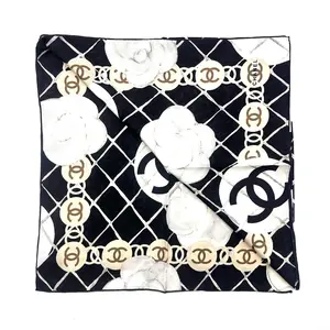Pre-owned Chanel Silk CC Logo Camellia Scarf Black CCS03