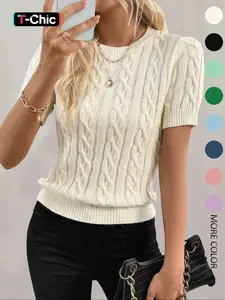 Women's Plain Tops, Crew Neck Sweater, Casual Short Sleeve Jumper for Daily Outings, Ladies Knitwear for All Seasons