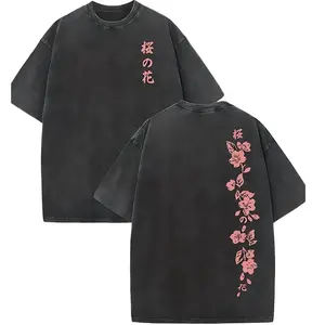 B-Sakura Print Pure Cotton Short-Sleeve T-Shirt | Washed Cotton Loose-Fit Tee, Streetwear Style, Double-Sided Print, Unisex