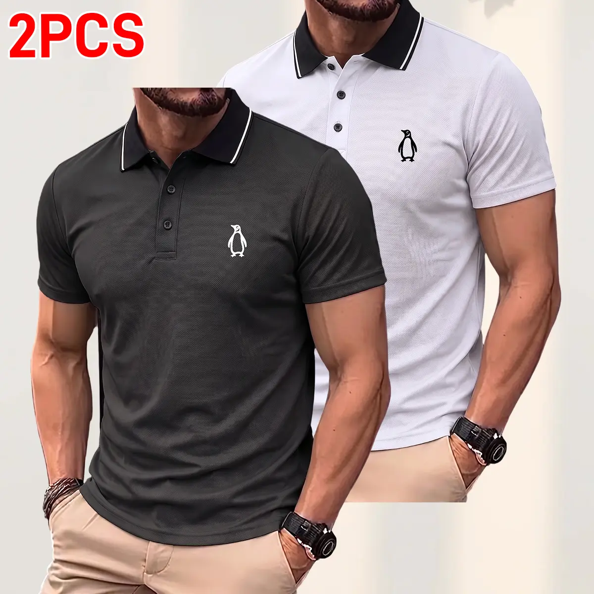 Men’s 2-Pack Outdoor Casual Polyester Shortsleeve Polo Shirts - Menswear Top with Contrast Trim, Cute Penguin Pattern, Lightweight Breathable Fabric for Hiking, Commuting