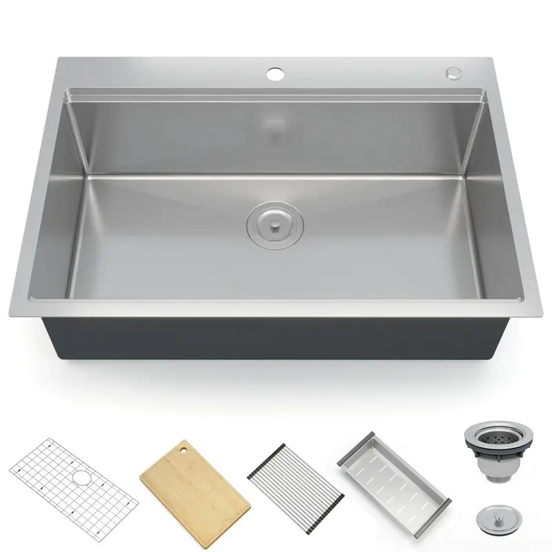Garvee Silver Kitchen Sink, 30 Inch Brushed Nickel Topmount Kitchen Bar Sink with Single-tier Track, Stainless Steel 16 Guage Single Bowl Kitchen Sinks, Family and Bar Sink with Full Accessories