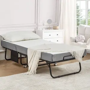 Folding Bed with Mattress, Portable Foldable Roll Away Adult Bed for Guest, Rollaway Guest Bed w/ 5" Memory Foam Mattress, Space Saving Fold Up Bed for Easy Storage