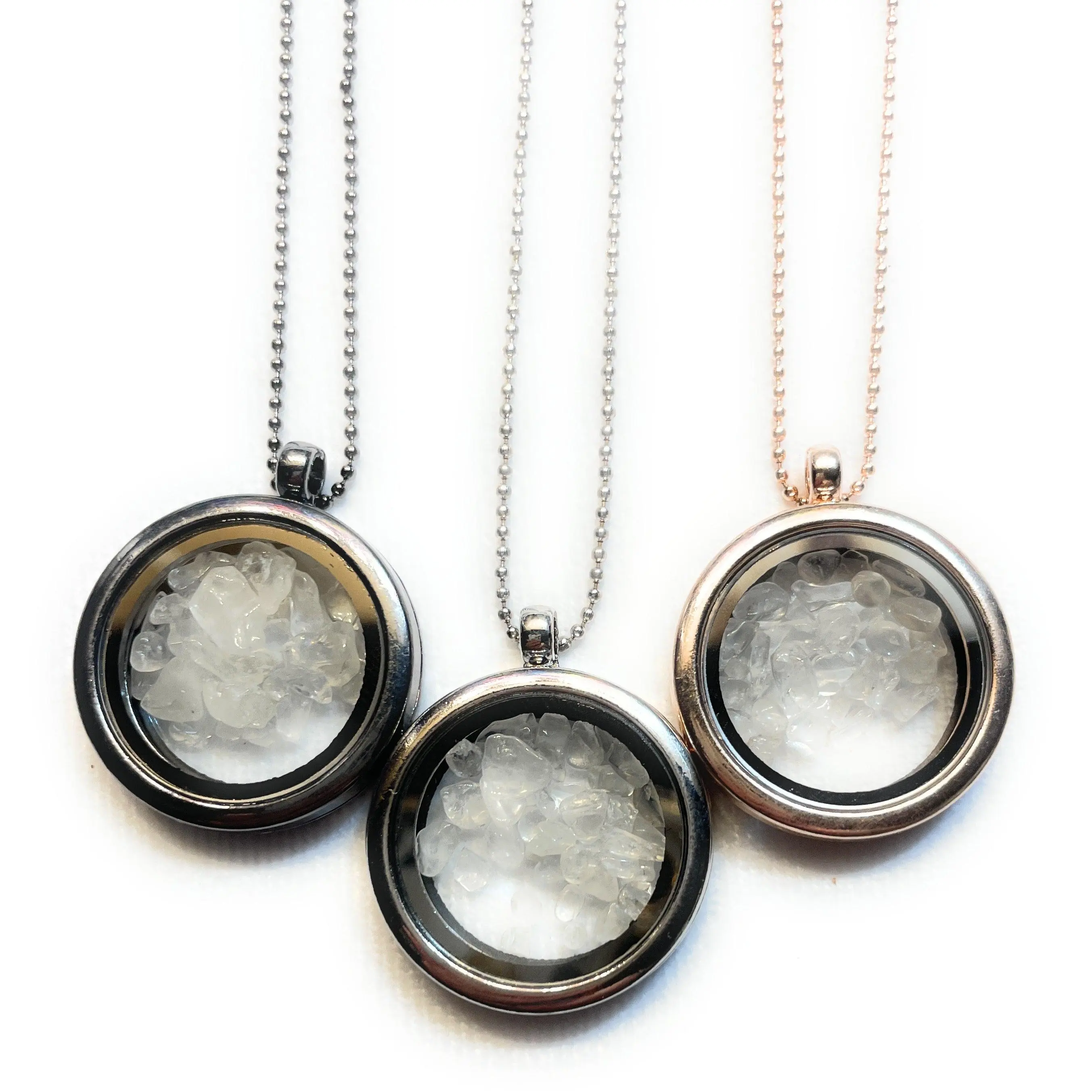 Small Chip Clear Quartz Locket Necklace in Gray, Gold, Rose Gold, Silver