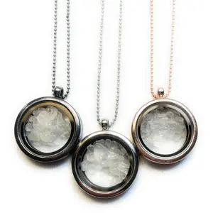 Small Chip Clear Quartz Locket Necklace in Gray, Gold, Rose Gold, Silver