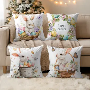4-Piece Easter Soft Printed Pillow Cover 45 × 45 cm/18 "x 18" - Cute Rabbit Easter Egg Eco-Friendly Soft Printed Decorative Cushion Cover for Living Room Bedroom Sofa Bed Outdoor Decoration, Pillow Core Free