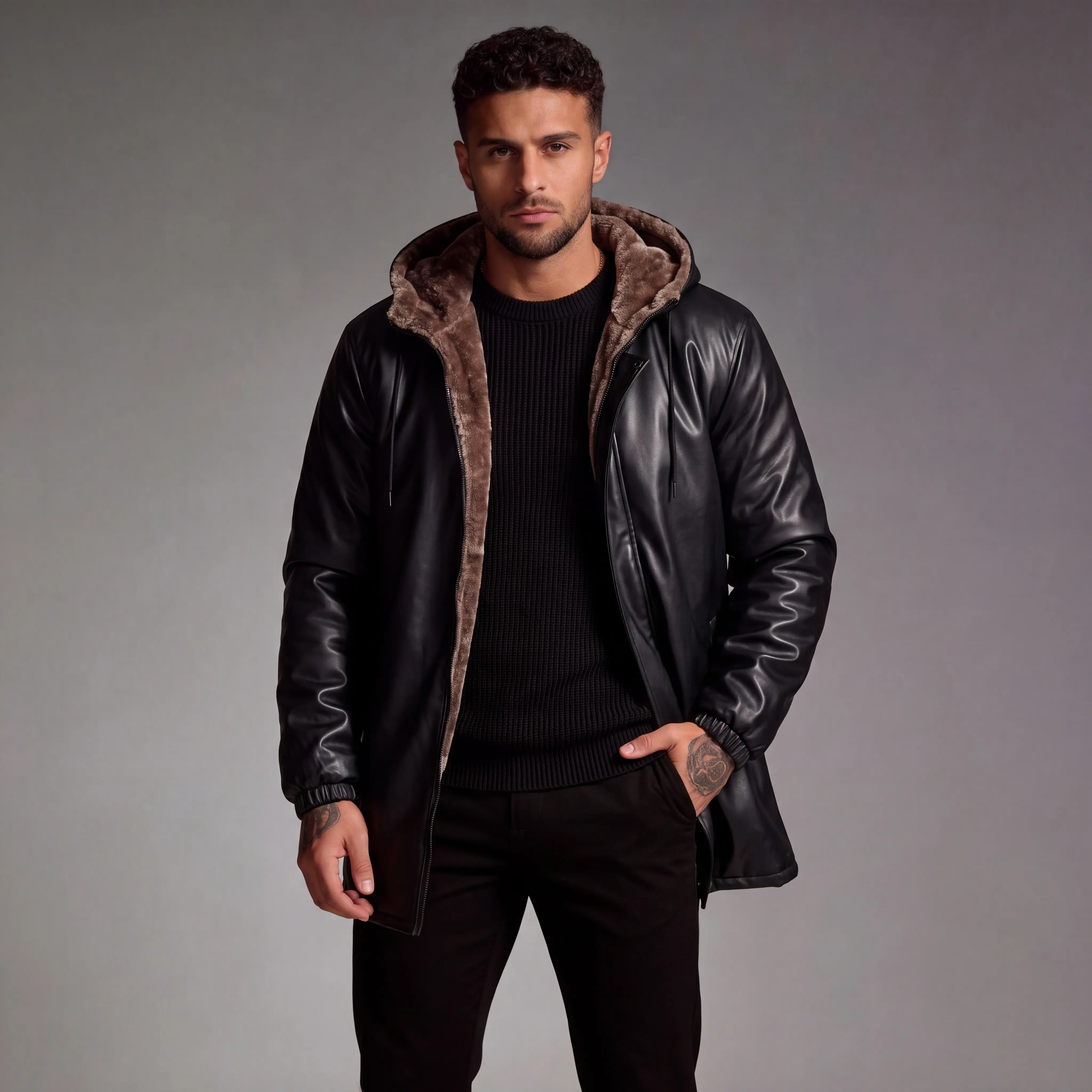 Men's Coats, Casual Plain Faux Leather Hooded Jacket with Zip-Up Closure and Fleece Lining for Winter, Long Sleeve, Stylish, Zipper, Jeans